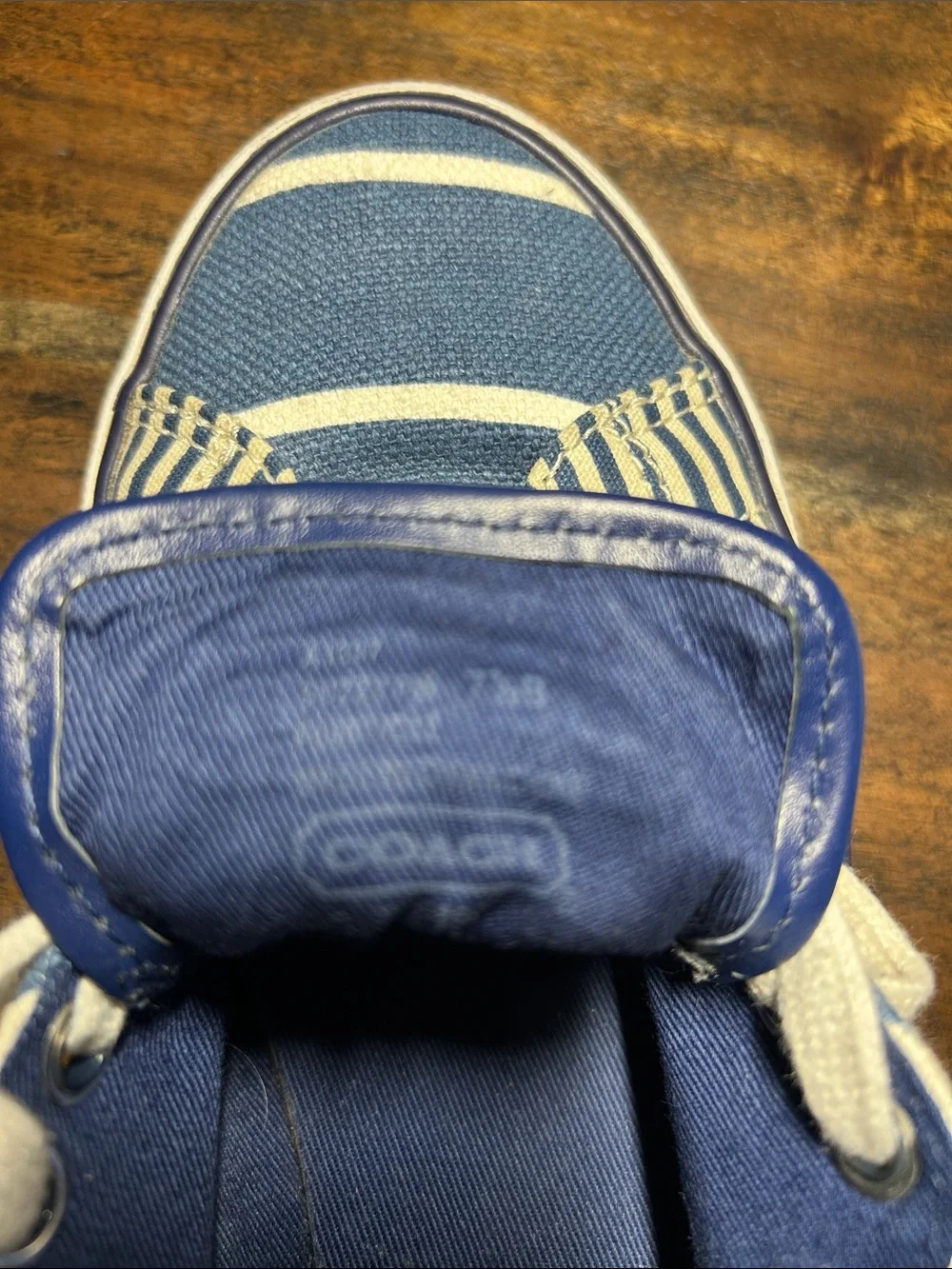 Coach Blue and White Striped Canvas Sneakers for Women Size 7 1/2